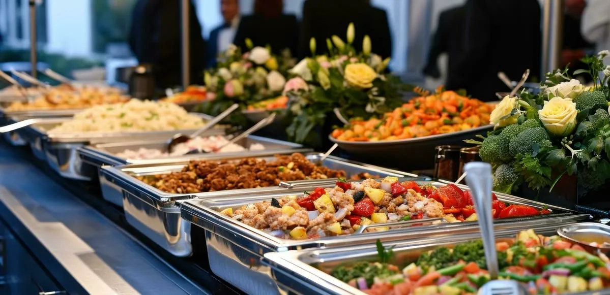 A catered buffet line, chafing trays of hot dishes laid out for service