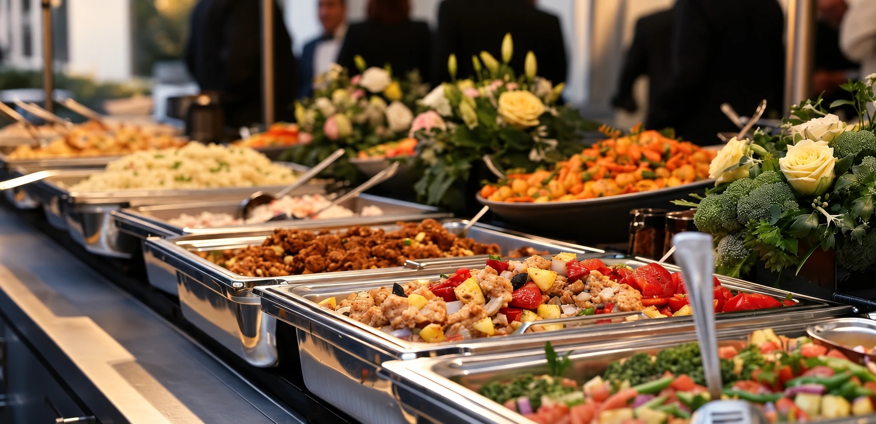 A catered buffet line, chafing trays of hot dishes laid out for service