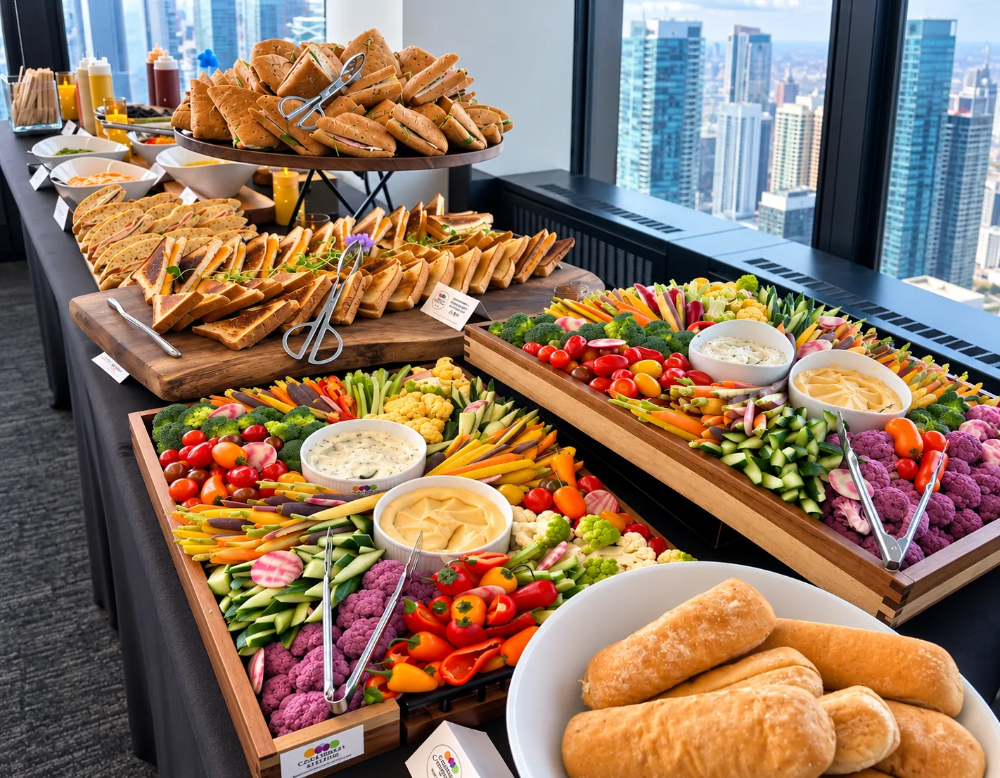 A drop off spread laid along a boardroom table above the city
