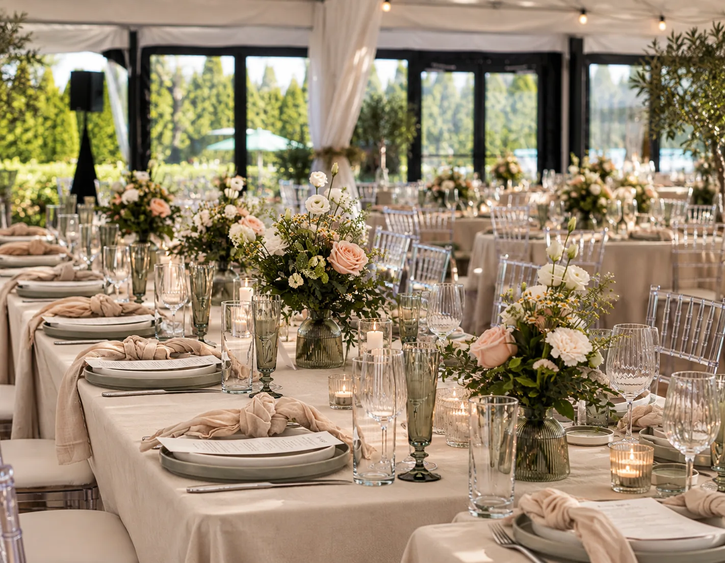 A marquee long table, laid and dressed for a reception