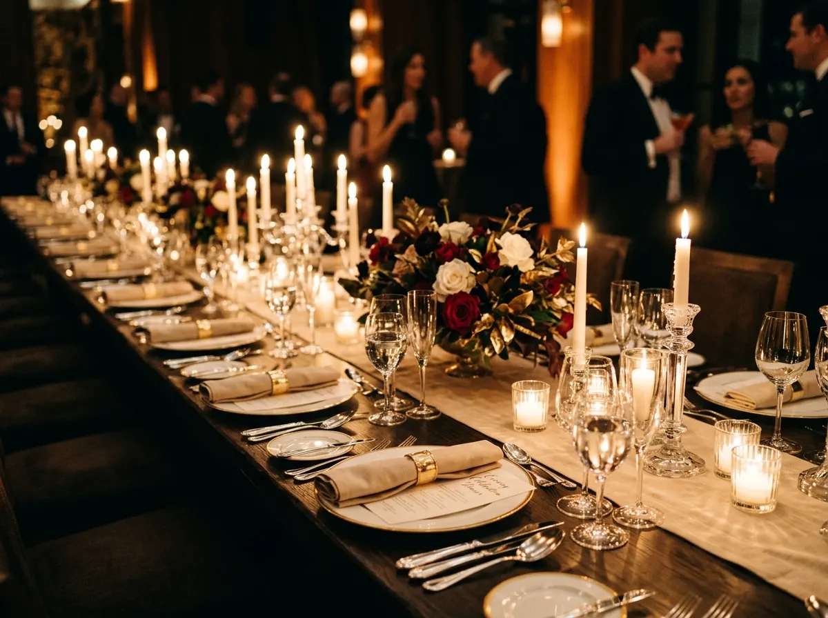 A long table laid and lit for an evening service